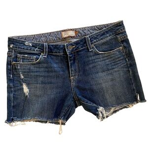 PAIGE Dark Blue Distressed Denim Jean Shorts